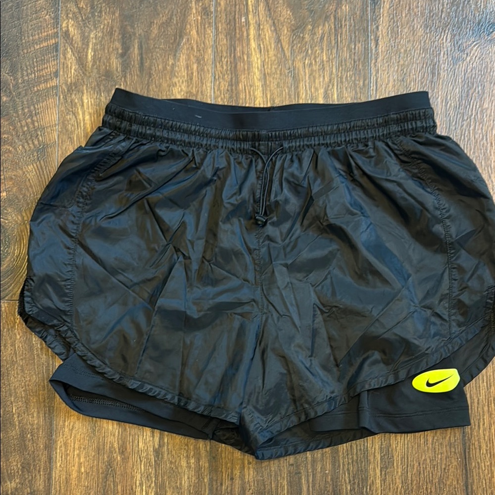 Nike Black Athletic Shorts with Neon Yellow Swoosh - Size XS